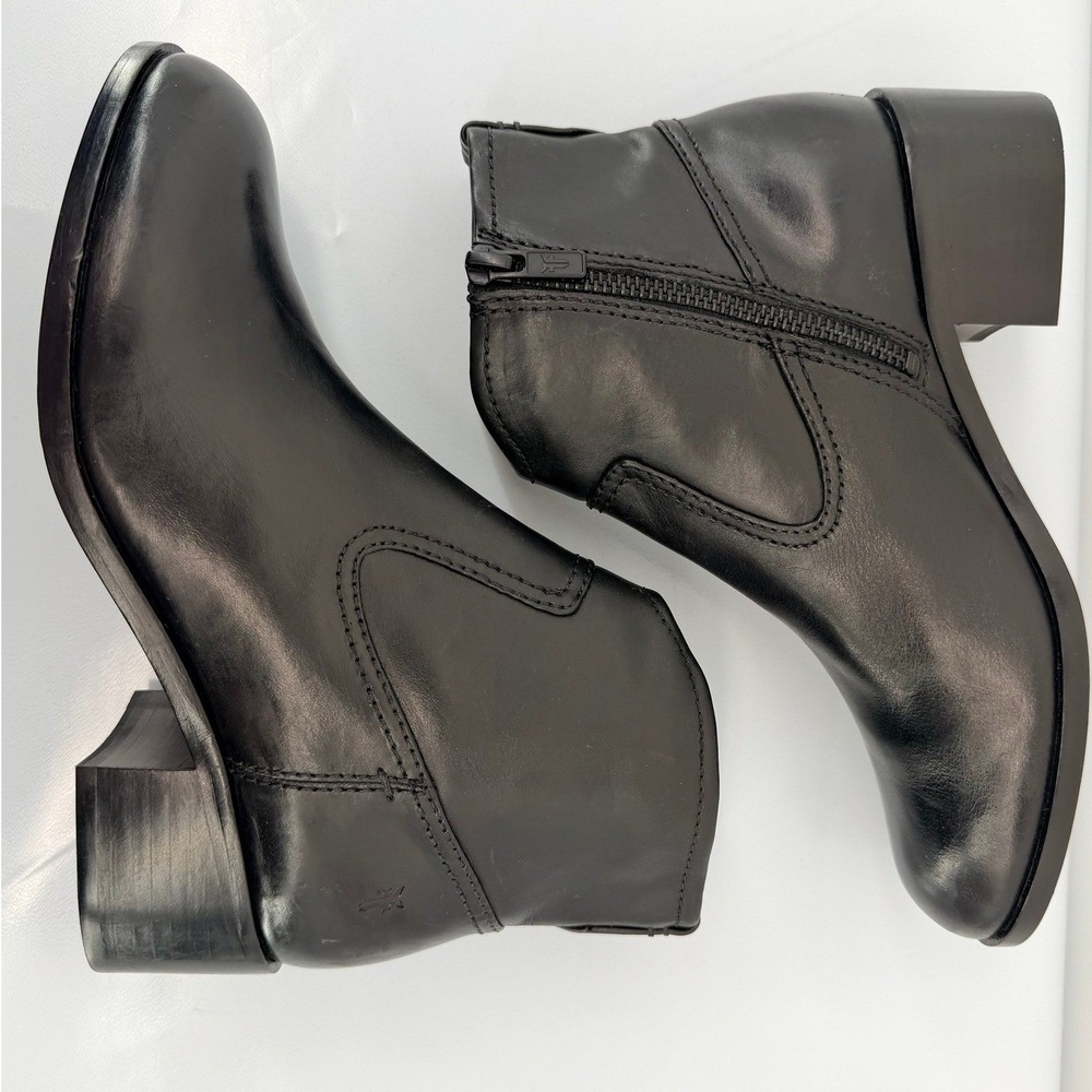 Frye Claire Ankle Boot 6.5M Black Leather Block Heel Zip‎ Bootie 3470227-BLK